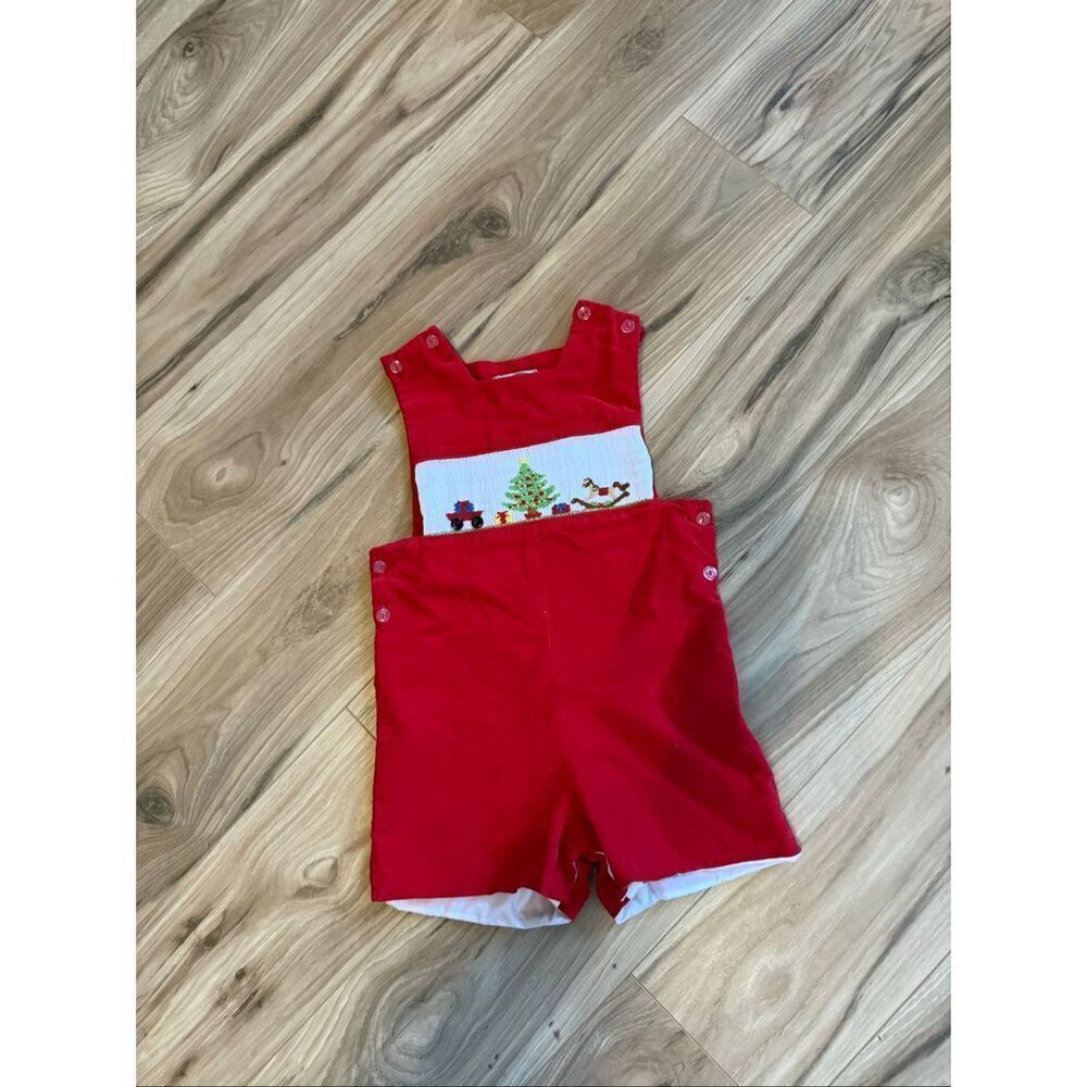 Vintage 90s Little Threads 24mo Embroidered Smocked Christmas Red Corduroy Rompe